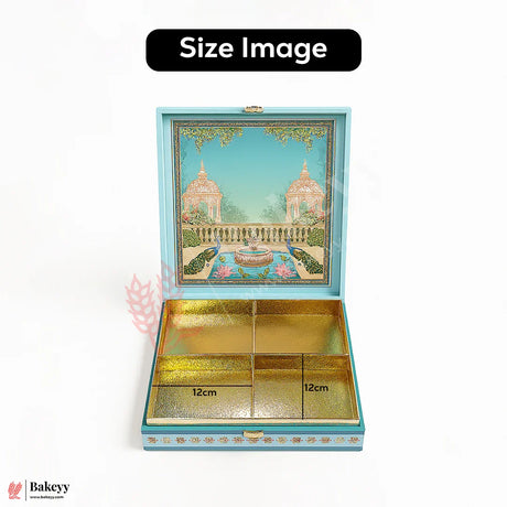 Decorative box with artistic design and measurements on a white background
