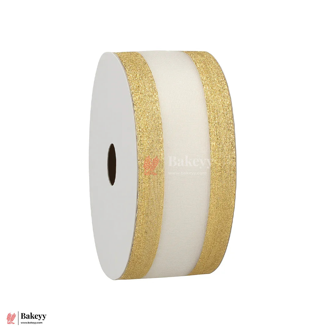1849|18 mtr Gold Glitter Edge White Net Ribbon Roll – 3cm Decorative Craft & Gift Wrapping Ribbon