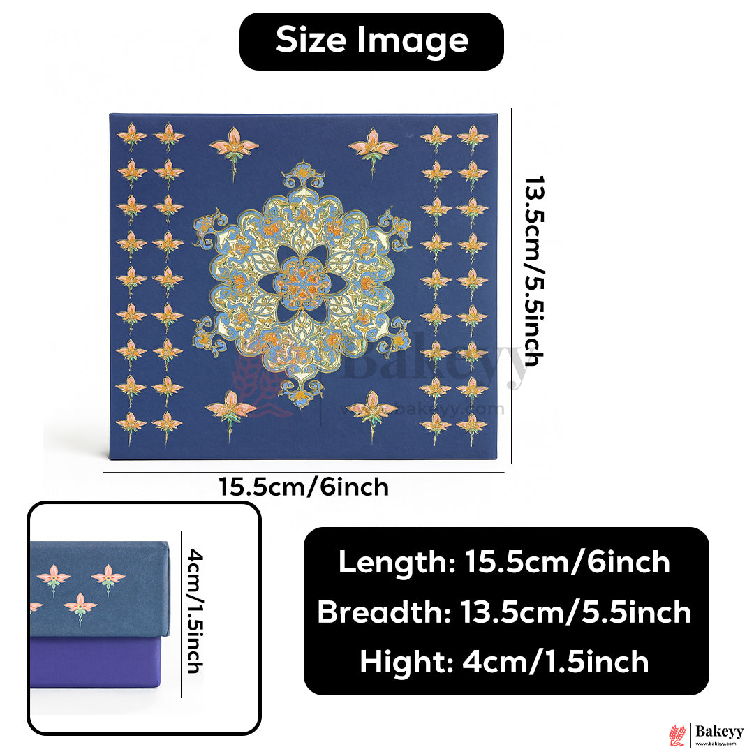 250g (6x5.5x1.5 Inch) Premium Blue Festive Sweet Box with Golden Base | Rigid Sweet Box with Golden Interior Pack Of 1
