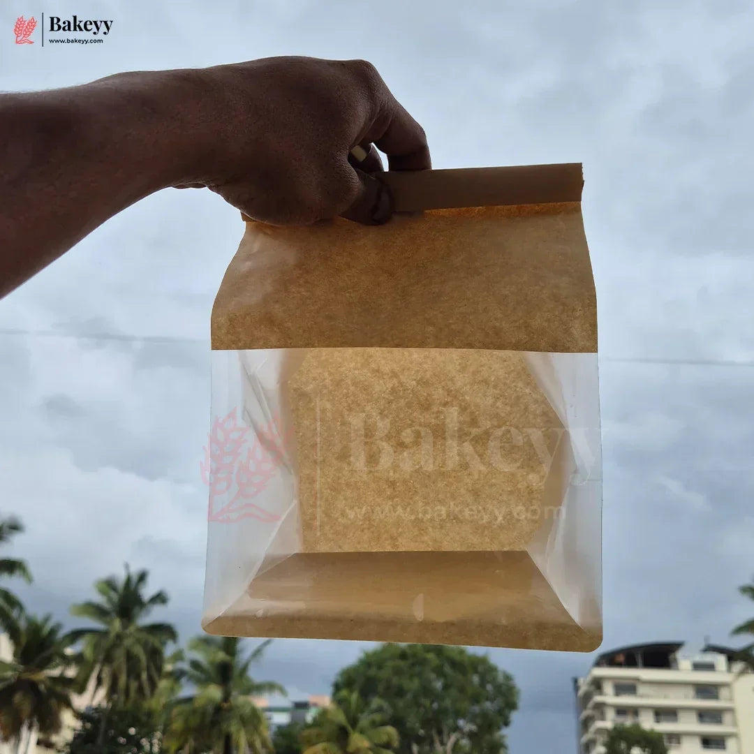 16x26x13cm Kraft Bread Bags with Transparent Window – Food-Grade & Stylish | Kraft Paper Pouches for Fresh Bakes | Baked Foods Packaging Storage | Pack Of 50