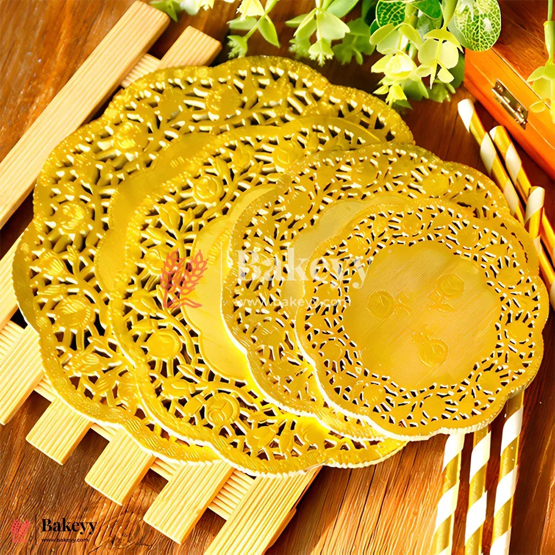 6.5 Inch Gold Paper Doilies | Pack Of 100 | Round Decorative Paper Placemats for Desert | Tableware Decoration | Lace Doilies