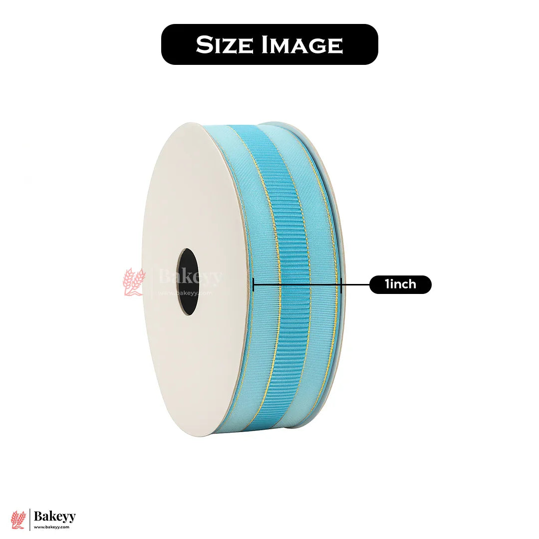 18mtr Premium Light Blue Grosgrain Ribbon with Golden Stitch – 1 Inch | Ideal for Gifting & Crafting