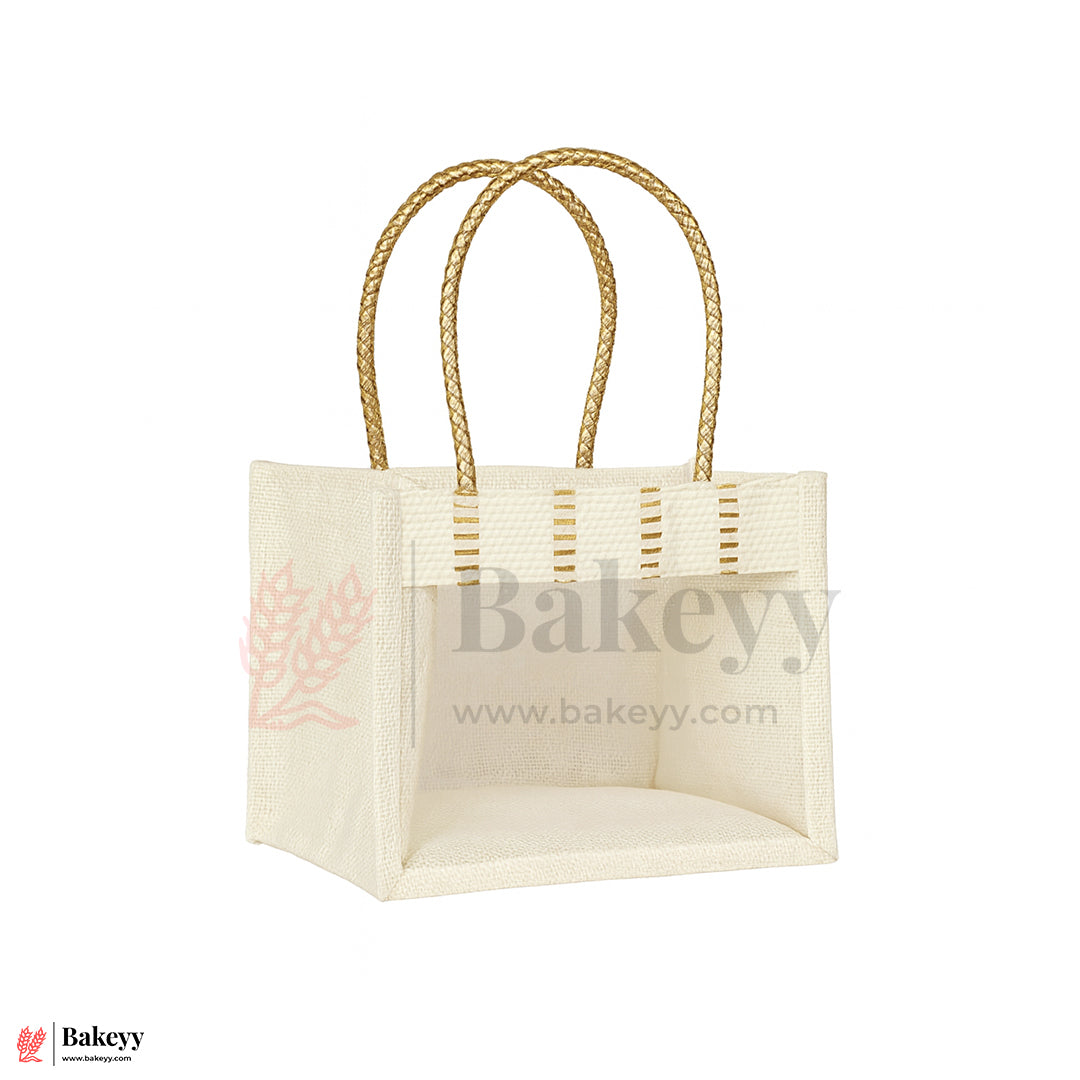21x21x15 CM | Cream 4 Jar Ethnic Jute Gift Bag with Front Window & Golden Handle – 1 Piece