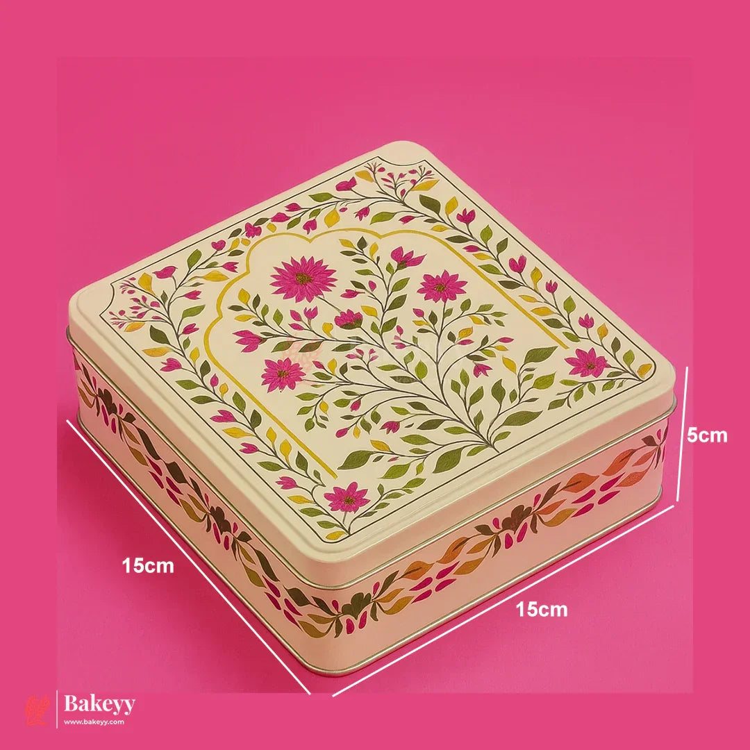 Square Premium Elegant Floral Square Tin Box – Pink & Gold Accents| Pack of 2