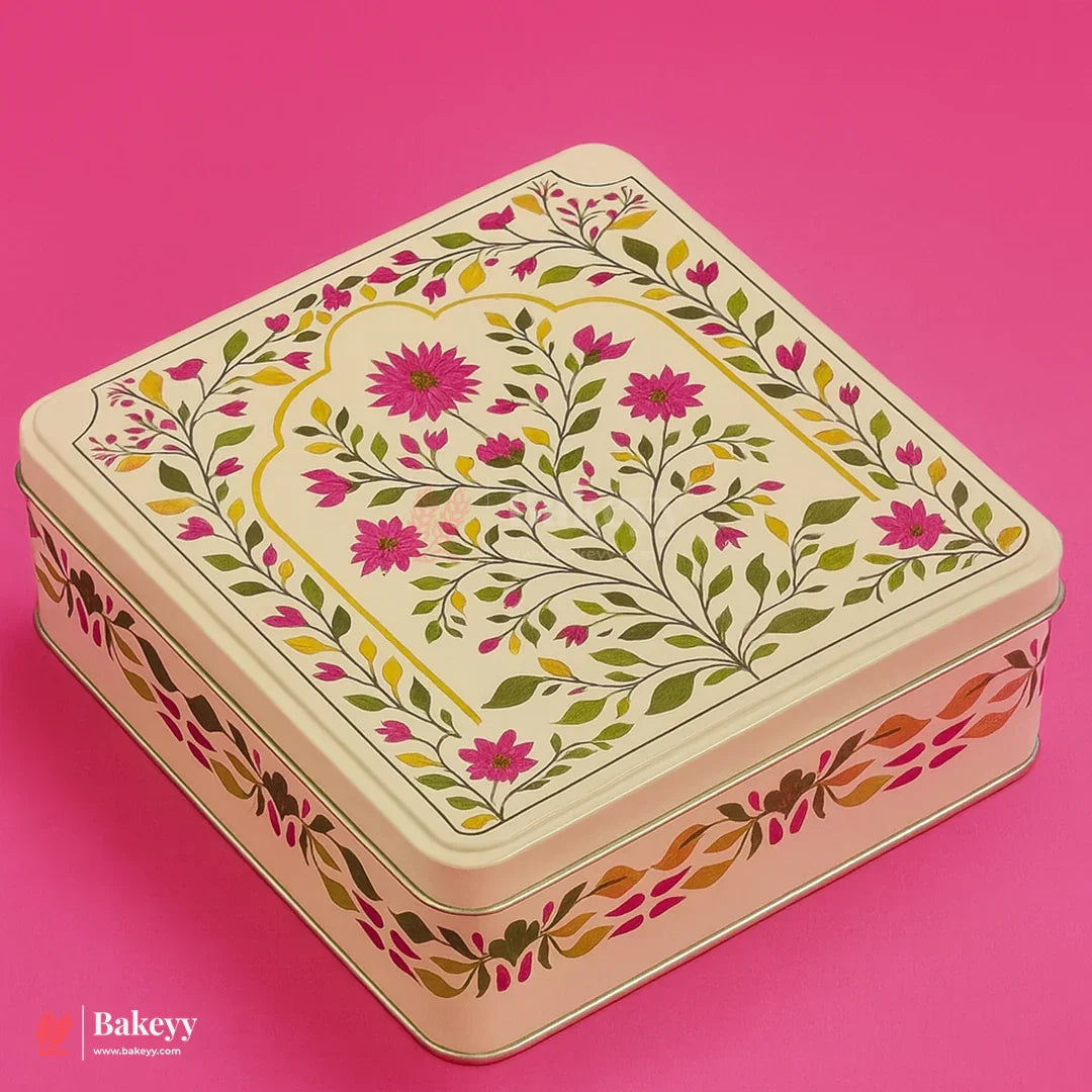 Square Premium Elegant Floral Square Tin Box – Pink & Gold Accents| Pack of 2