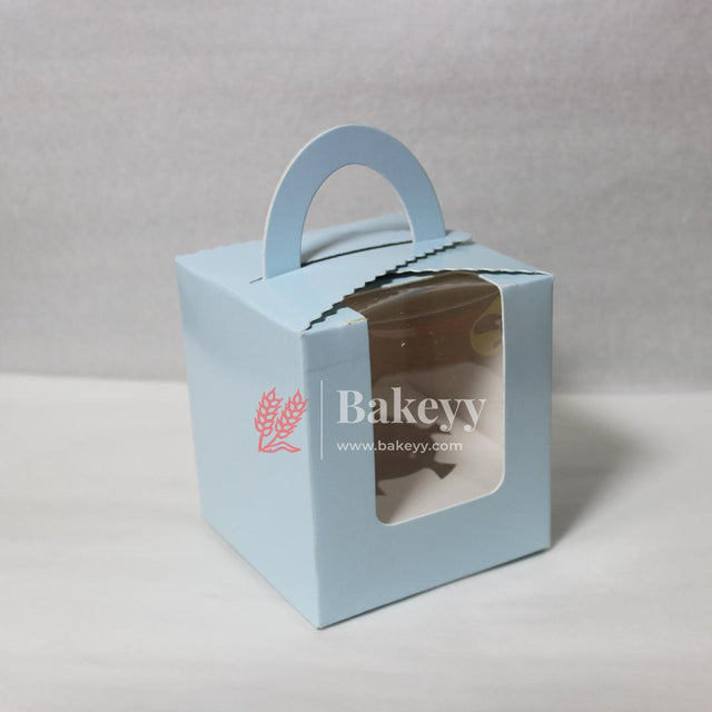 1 -Cupcak Box with Handle | Sky Blue Colour | With Front Window | - Bakeyy.com - India - 1 -Cupcak Box with Handle | Sky Blue Colour | With Front Window | - Pack of 10