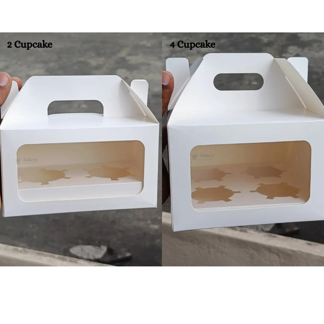 White Cupcake Box | With and Without Handle | Premium Cake Packaging Box for Cupcakes & Muffins | Multiple Cavity Options | Pack of 25