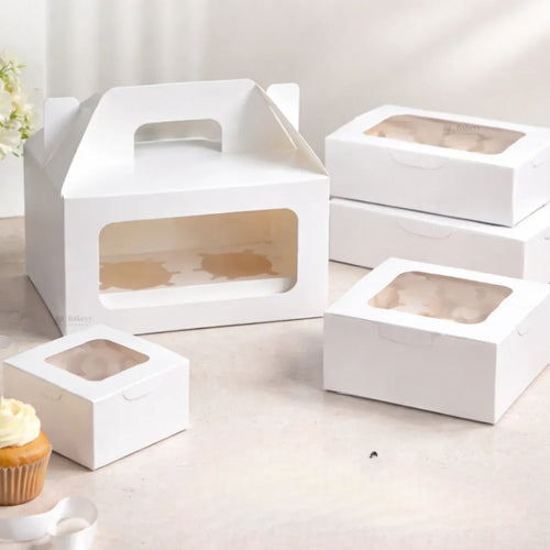 White Cupcake Box | With and Without Handle | Premium Cake Packaging Box for Cupcakes & Muffins | Multiple Cavity Options | Pack of 25