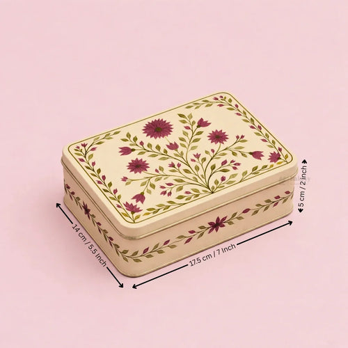 Premium Elegant Floral Tin Box – Pink & Gold Accents| Pack of 1