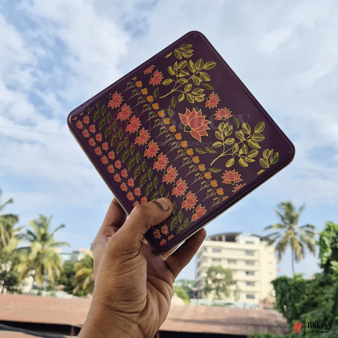 Premium Floral Printed Square Tin Box | Purple With Floral Printed – 6x6x2 inch | Gift Box for Chocolates, Dry Fruits, Sweets| Pack Of 2