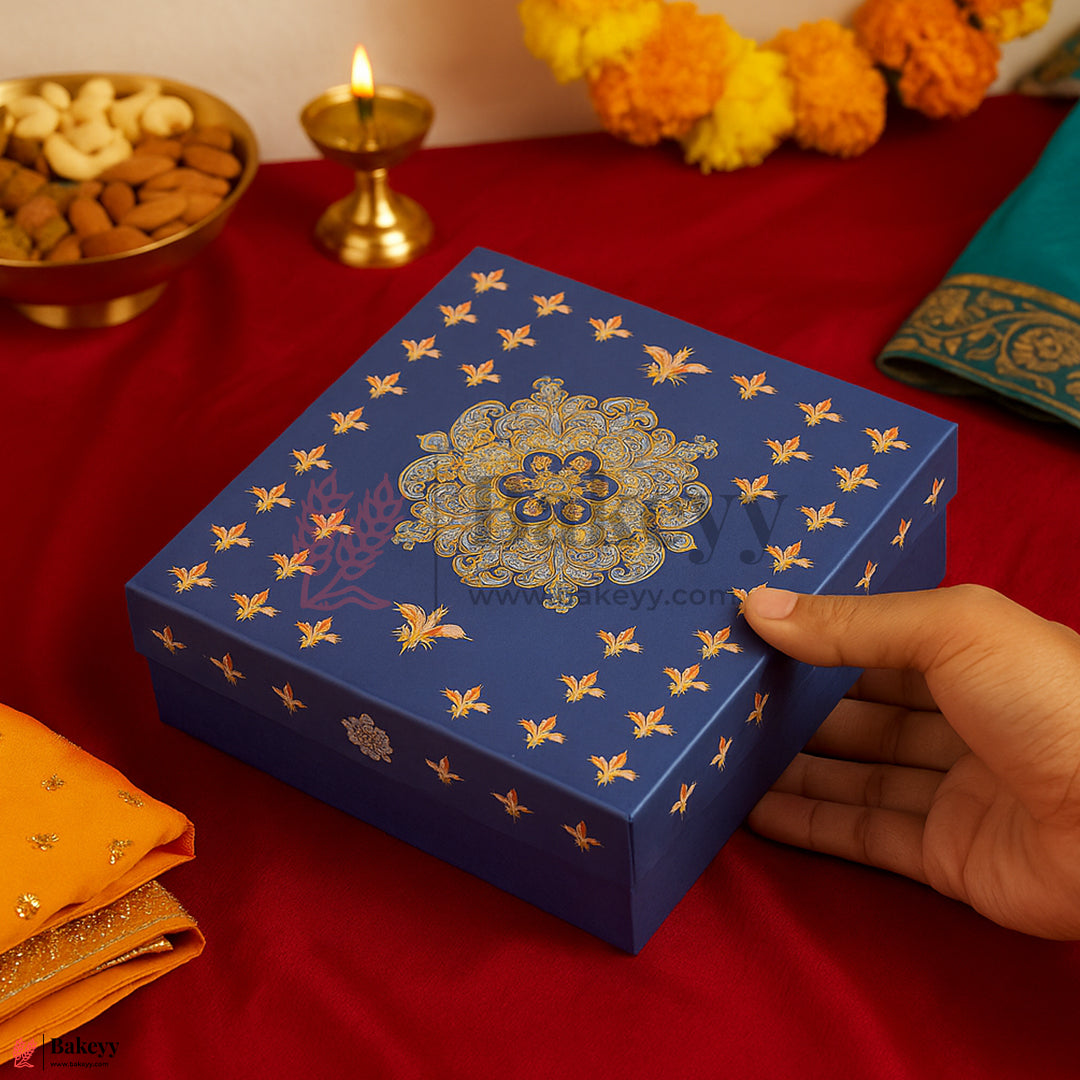 250g (6x5.5x1.5 Inch) Premium Blue Festive Sweet Box with Golden Base | Rigid Sweet Box with Golden Interior Pack Of 1