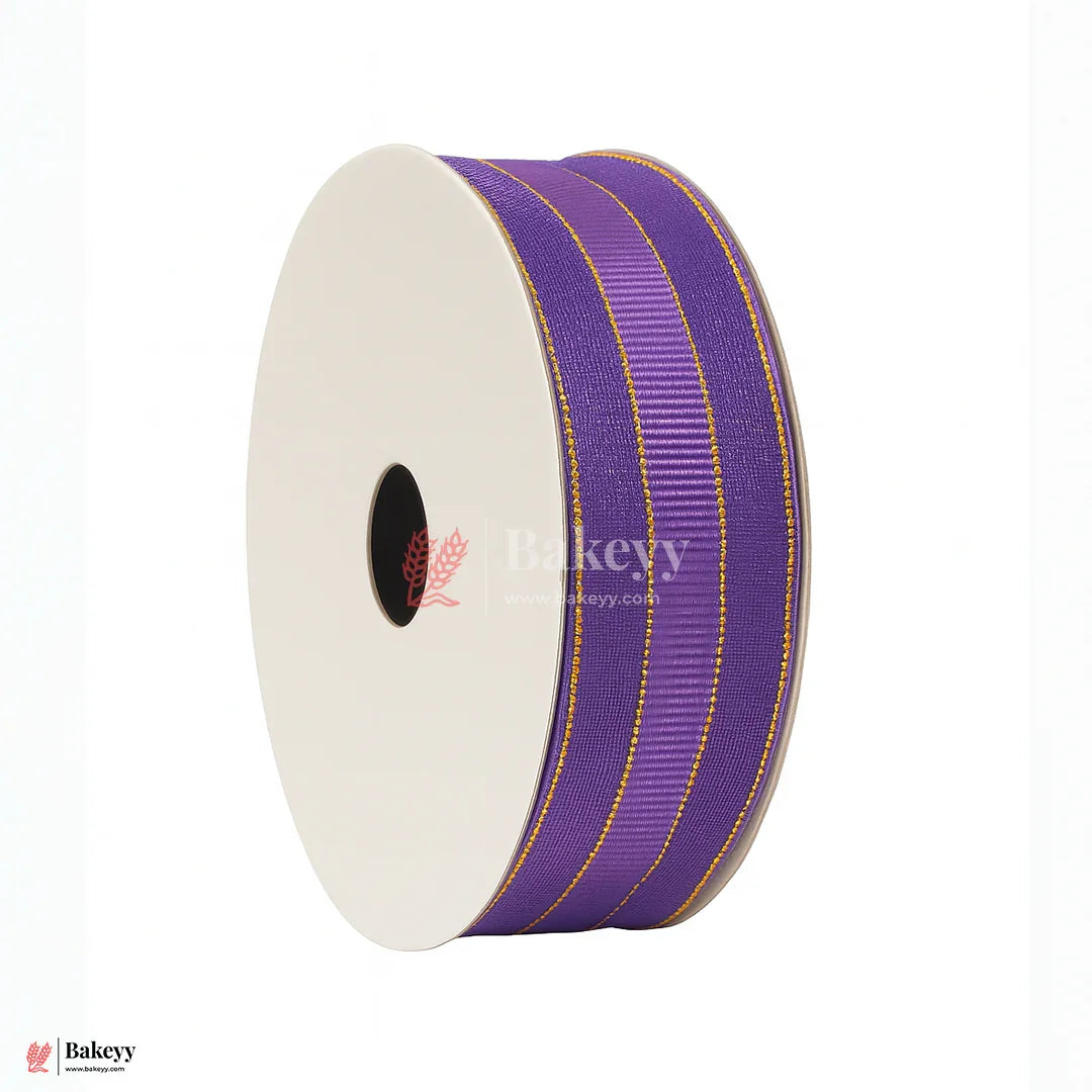 18mtr Premium Purple Grosgrain Ribbon with Golden Stitch – 1 Inch | Ideal for Gifting & Crafting