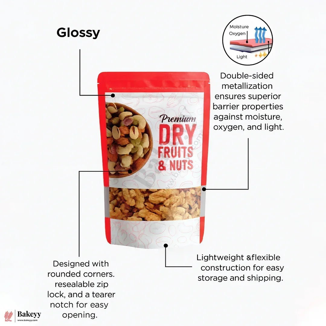 100 gm | 10x17 CM | Zip Lock Pouch | Red Printed Pouch With Window | Standing Pouch | 110 GSM | Pack of 500