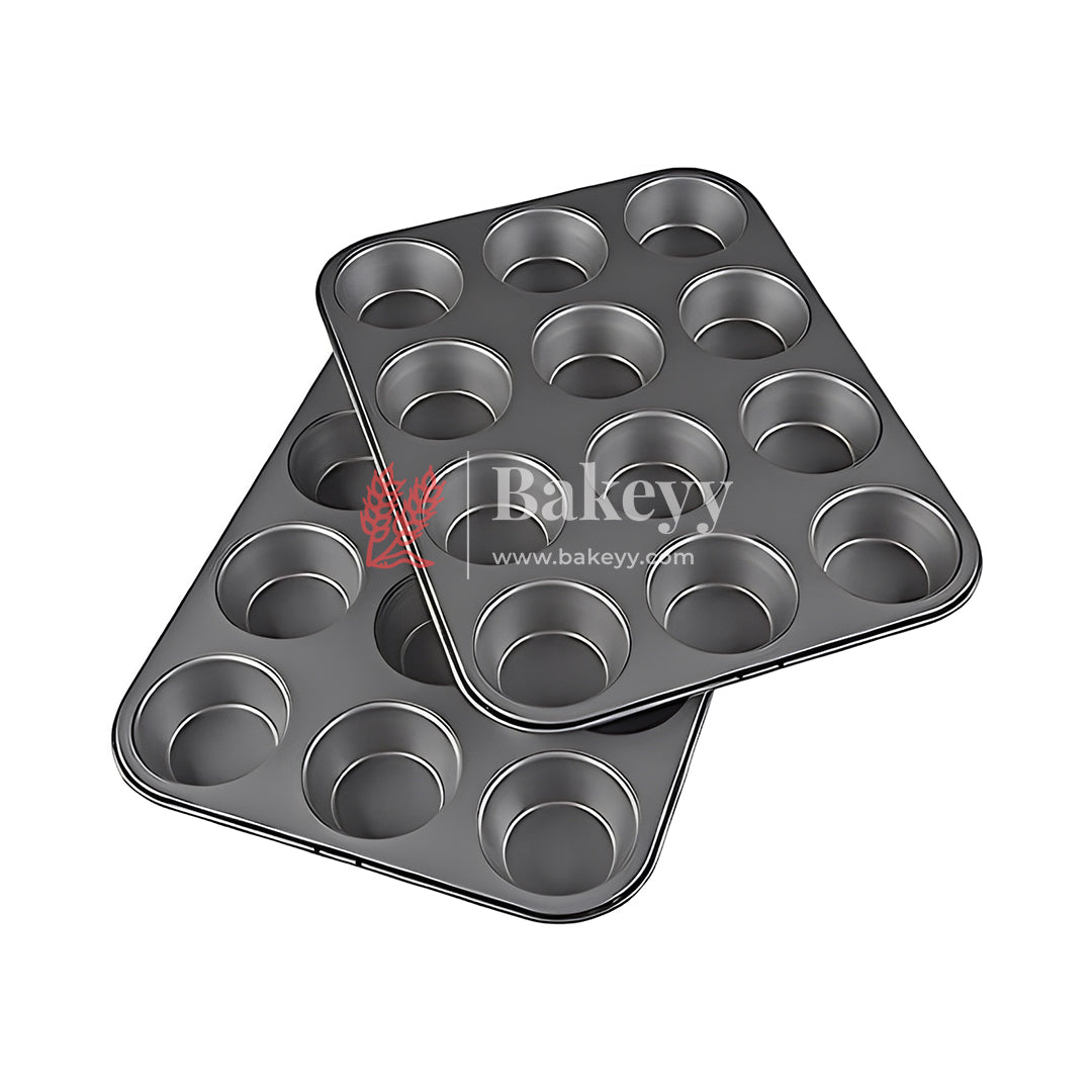 12 Slot Tray Cup Muffin Pan Tins Mould | Baking Cupcake | Non-Stick Mould | Reusable Tray Pan Mould | Non-Stick| Chrome Gold, Black Colour