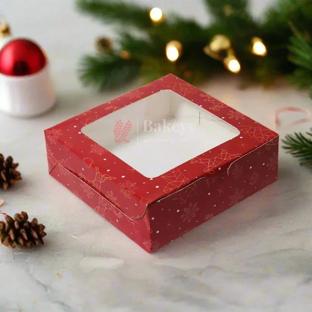 4 Brownie Box Christmas Red | With Window - Bakeyy.com - India - 4 Brownie Box Christmas Red | With Window - Pack of 10