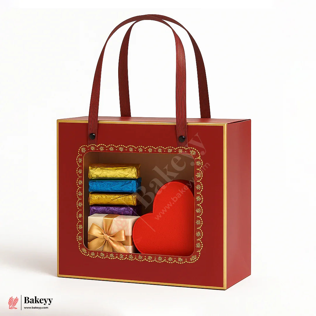 2 in 1 Premium Sparkle Red Window Gift Bag Come Box | 25x25x10cm | Pack Of 10