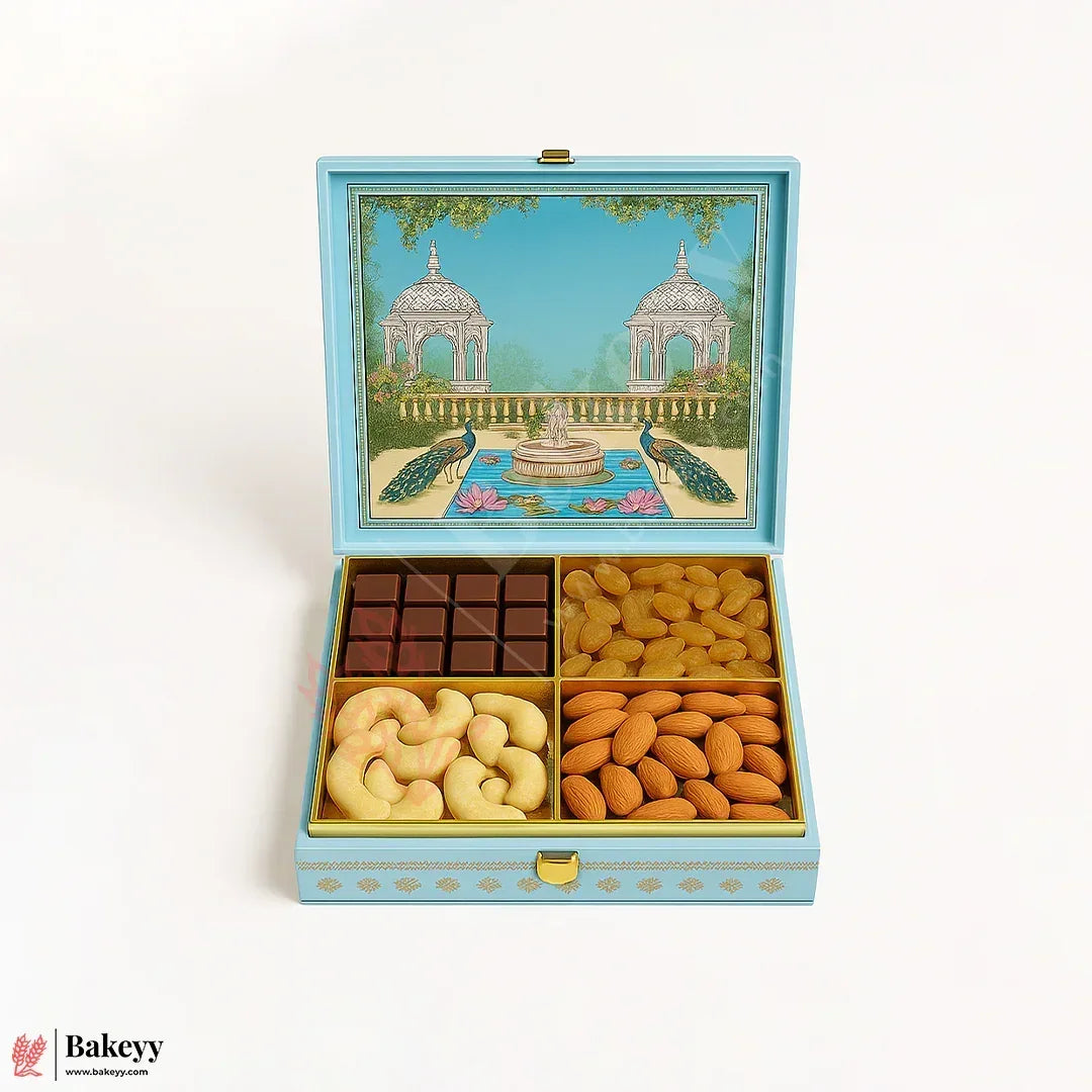 30x30x5cm | Premium Peacock Garden MDF Dry Fruit & Chocolate Gift Box | Pack of 1 - Bakeyy.com - India - 30x30x5cm | Premium Peacock Garden MDF Dry Fruit & Chocolate Gift Box | Pack of 1 - Default Title