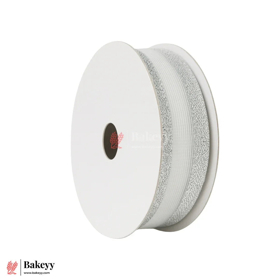 1849|18 mtr Silver Glitter Edge White Net Ribbon Roll – 2cm Decorative Craft & Gift Wrapping Ribbon