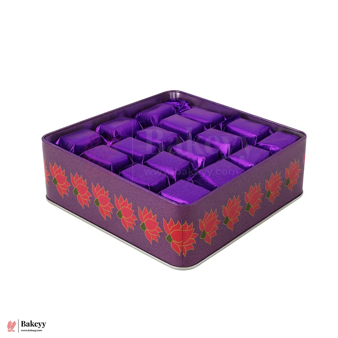 Premium Floral Printed Square Tin Box | Purple With Floral Printed – 6x6x2 inch | Gift Box for Chocolates, Dry Fruits, Sweets| Pack Of 2