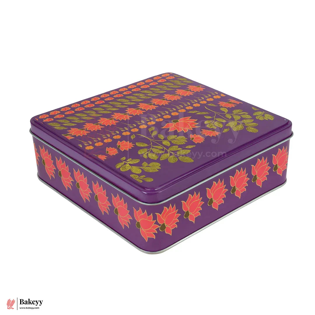 Premium Floral Printed Square Tin Box | Purple With Floral Printed – 6x6x2 inch | Gift Box for Chocolates, Dry Fruits, Sweets| Pack Of 2