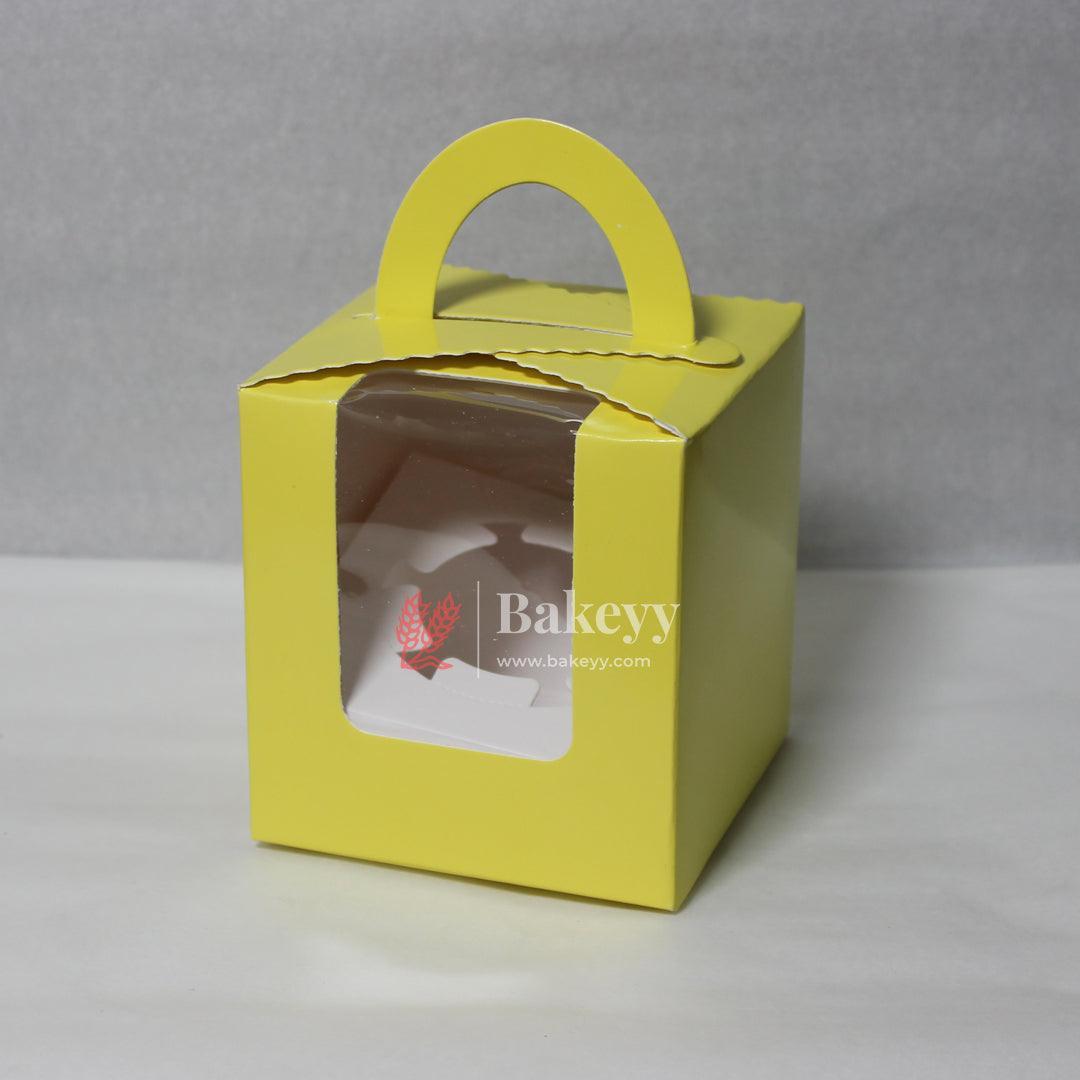 1 -Cupcak Box with Handle | Yellow Colour | With Front Window | - Bakeyy.com - India - 1 -Cupcak Box with Handle | Yellow Colour | With Front Window | - Pack of 10