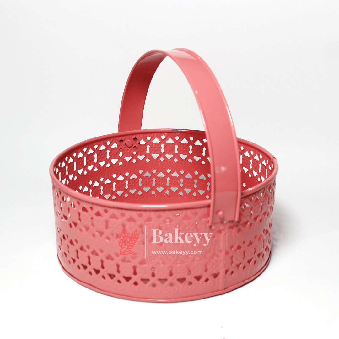 Hamper Basket For Gifting Round | Elegant & Durable Pink Metal Hamper Basket with Handle | Pink Colour