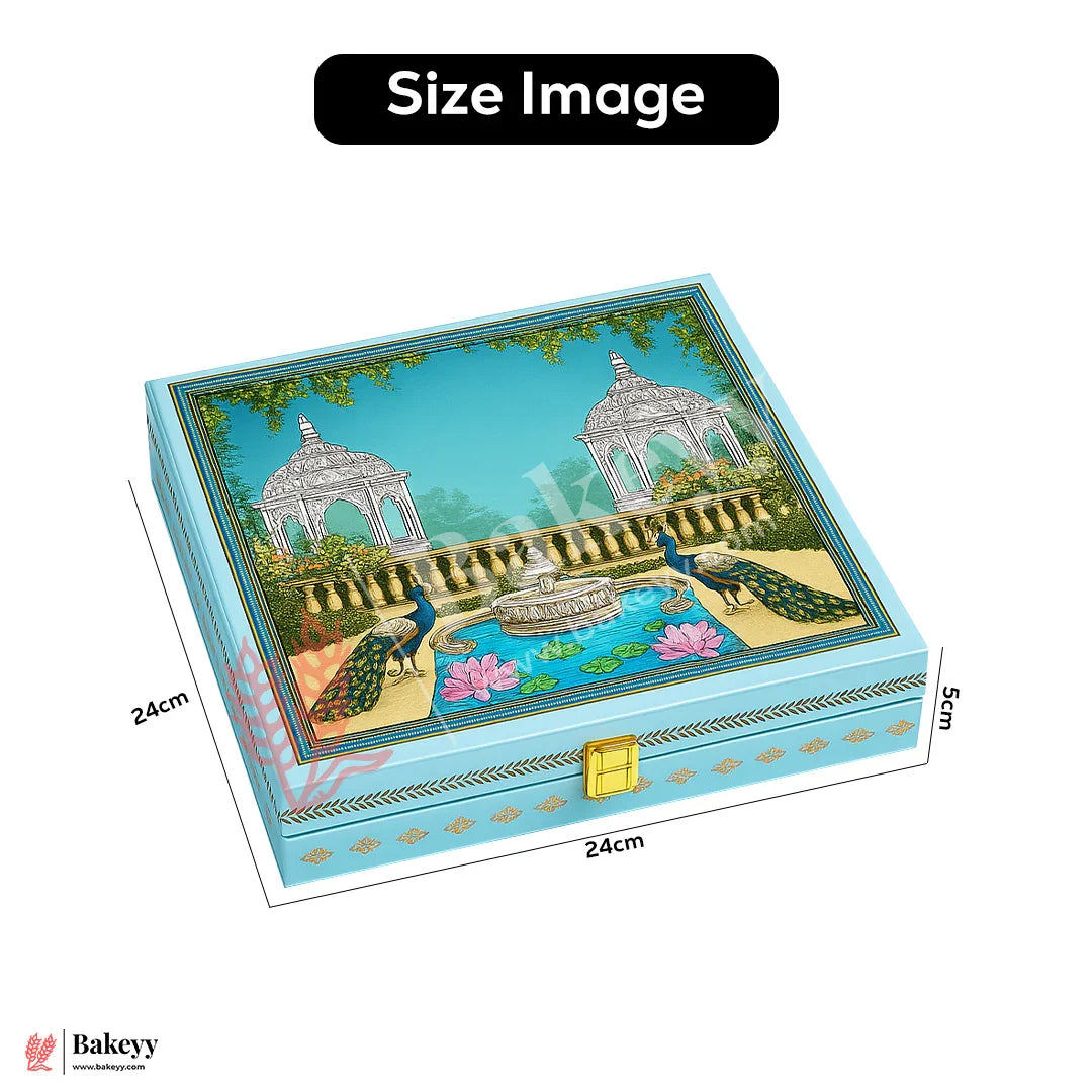Decorative box with peacock design and measurements on a white background