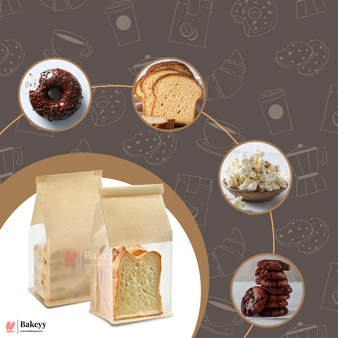 16x26x13cm Kraft Bread Bags with Transparent Window – Food-Grade & Stylish | Kraft Paper Pouches for Fresh Bakes | Baked Foods Packaging Storage | Pack Of 50