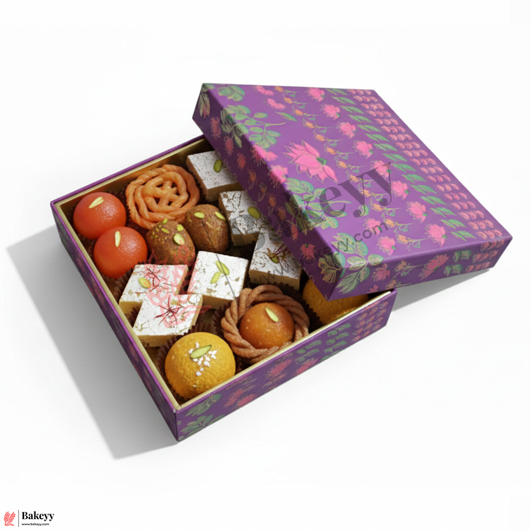 500 GM Sweet Box | 7.5x6x1.5 Inch | Elegant Lotus Design Sweet Gift Box with Golden Tray| 1 Piece