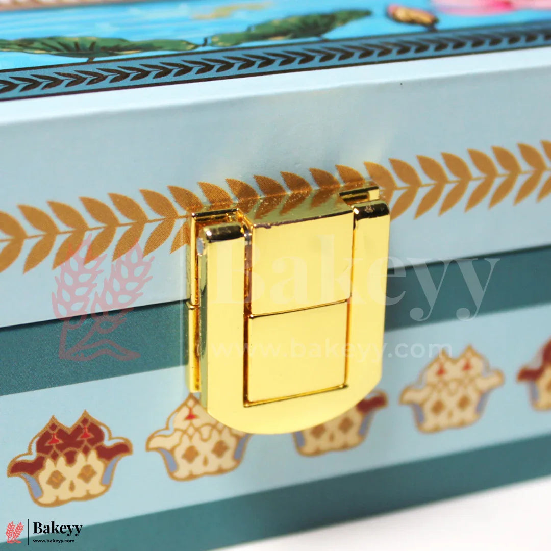 30x20x5cm| Premium Peacock Themed MDF Hamper Box with Gold Compartments – 4 Section Gift Box for Rakhi & Dry Fruits |