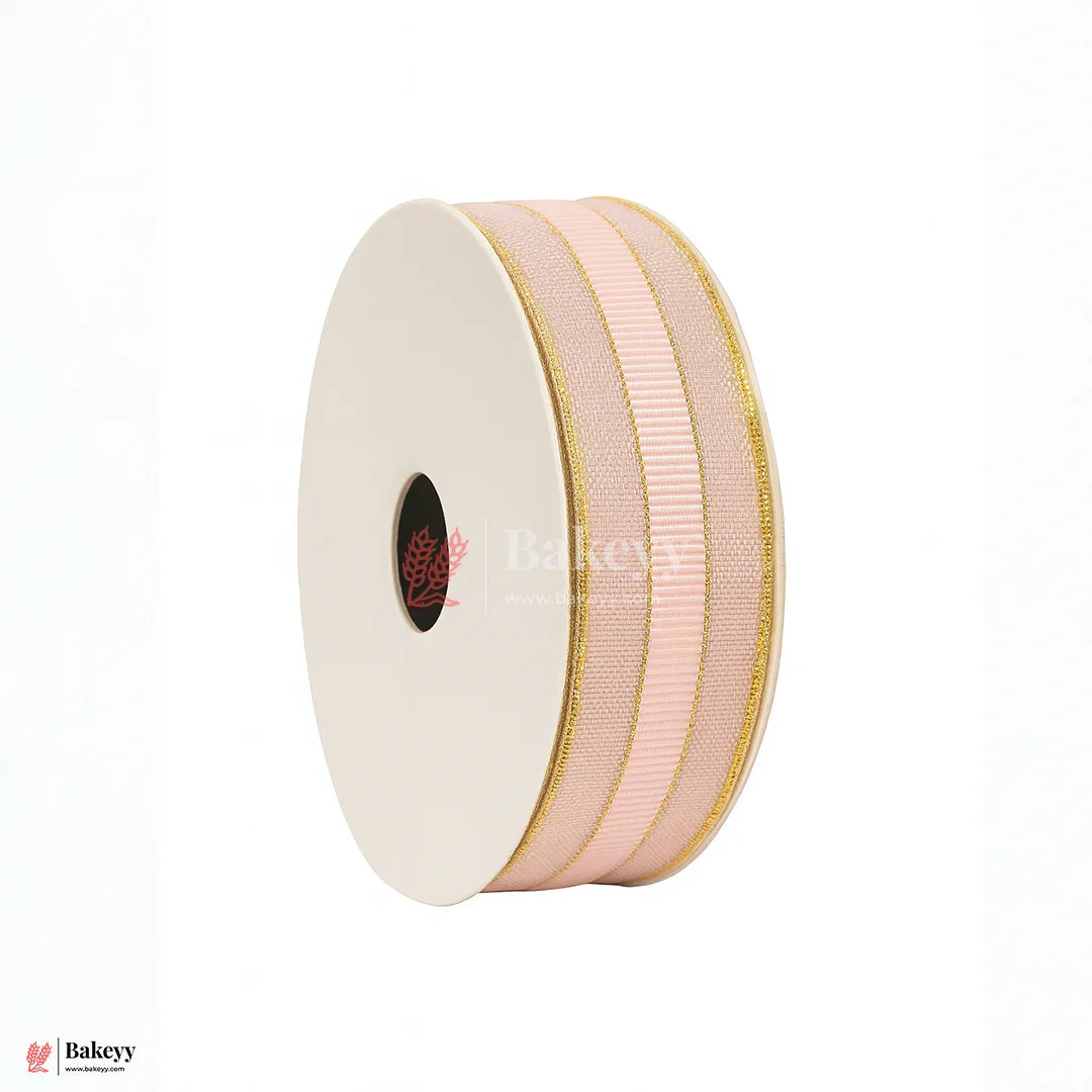 18mtr Premium Light Pink Grosgrain Ribbon with Golden Stitch – 1 Inch | Ideal for Gifting & Crafting
